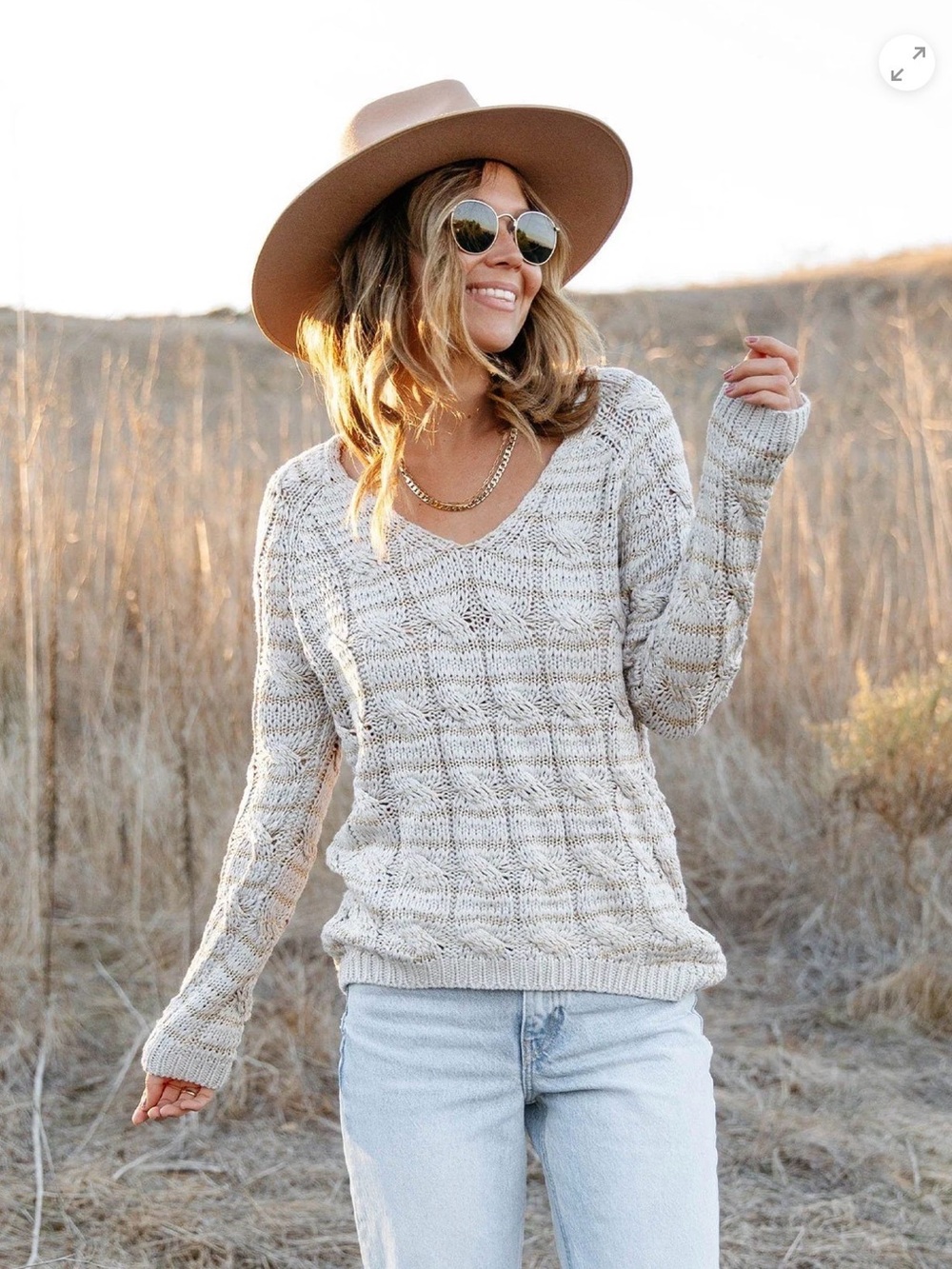 lovestitch Cream Marled V-Neck Cable Knit Sweater
